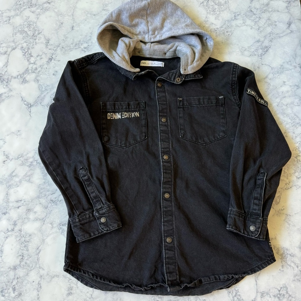 Boys ZARA Black Dark Denim Jean Snap Button Hoodie Hood Jacket Coat